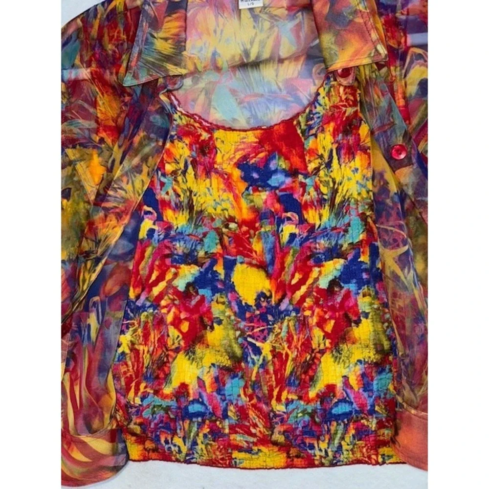 Cest Duo‎ 2pc Shell Sheer Shirt Jacket Artsy Parrot Tropical Island Beach LRG